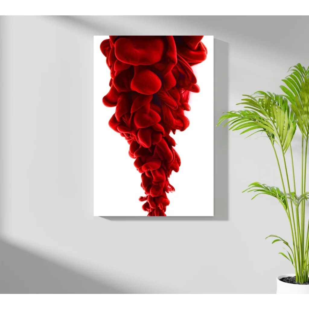 Vibrant red ink swirl insigne aluminum print on white wall