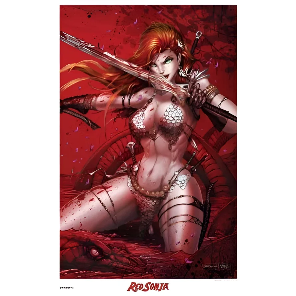 Red Sonia fierce warrior in silver armor battle pose print