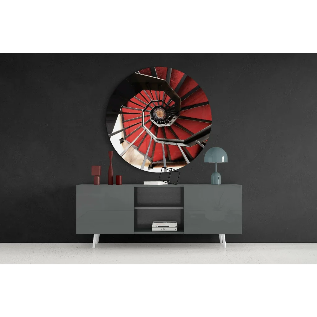 Vibrant red spiral staircase tempered glass art with metallic accents