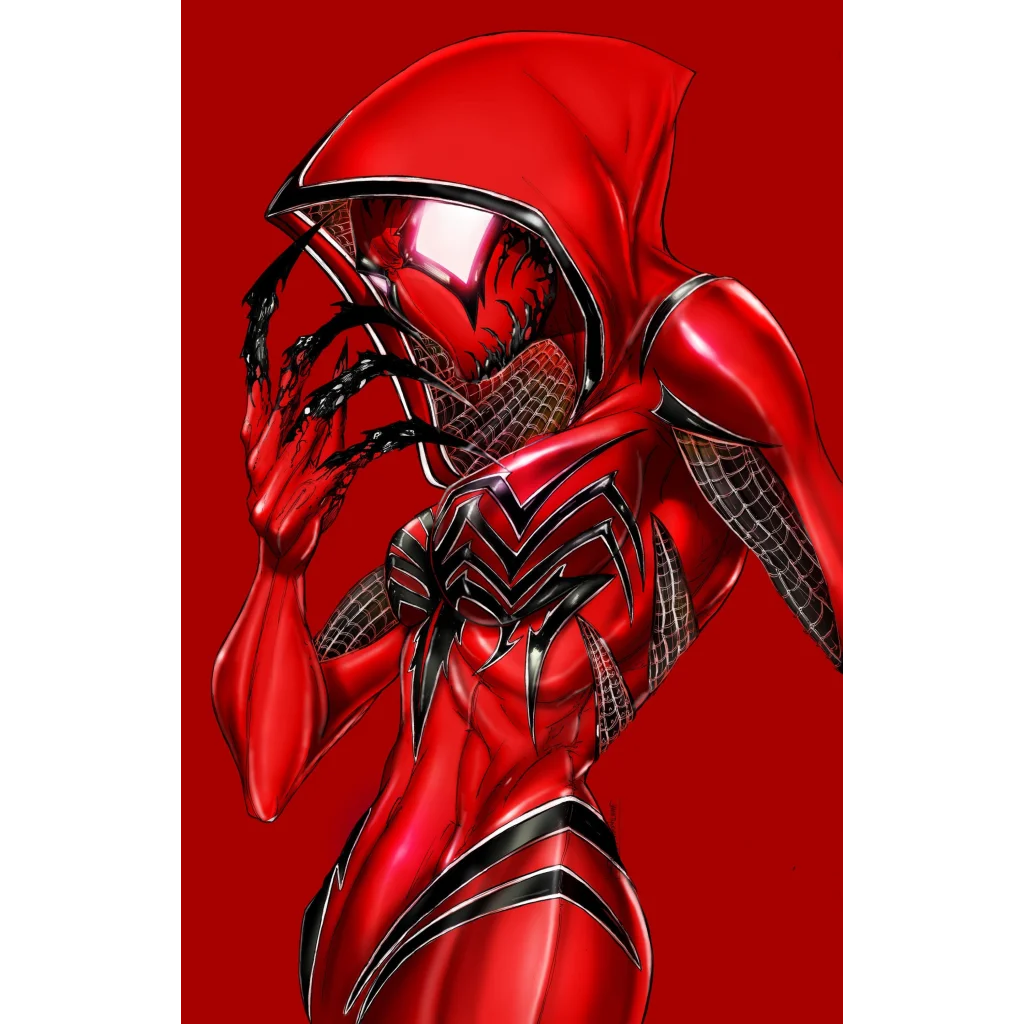 Red symbiote virgin comic Spider-Man suit with glossy red design
