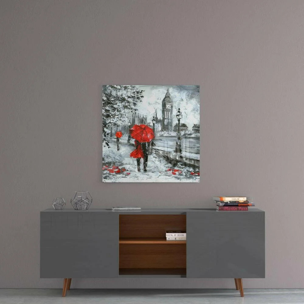 Black-and-white London snow cityscape with red umbrellas and Big Ben glass wall art
