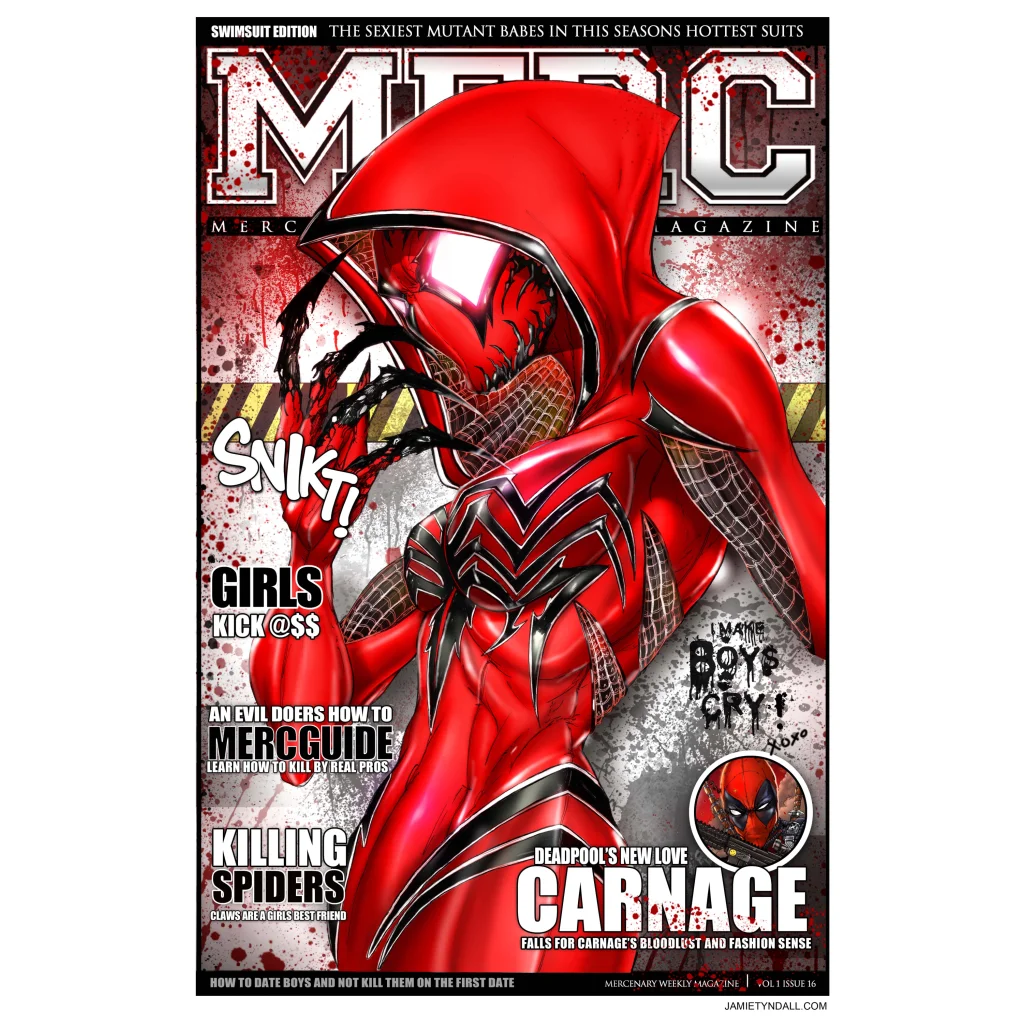 Glossy red superhero costume with black webbing on brushed aluminum print