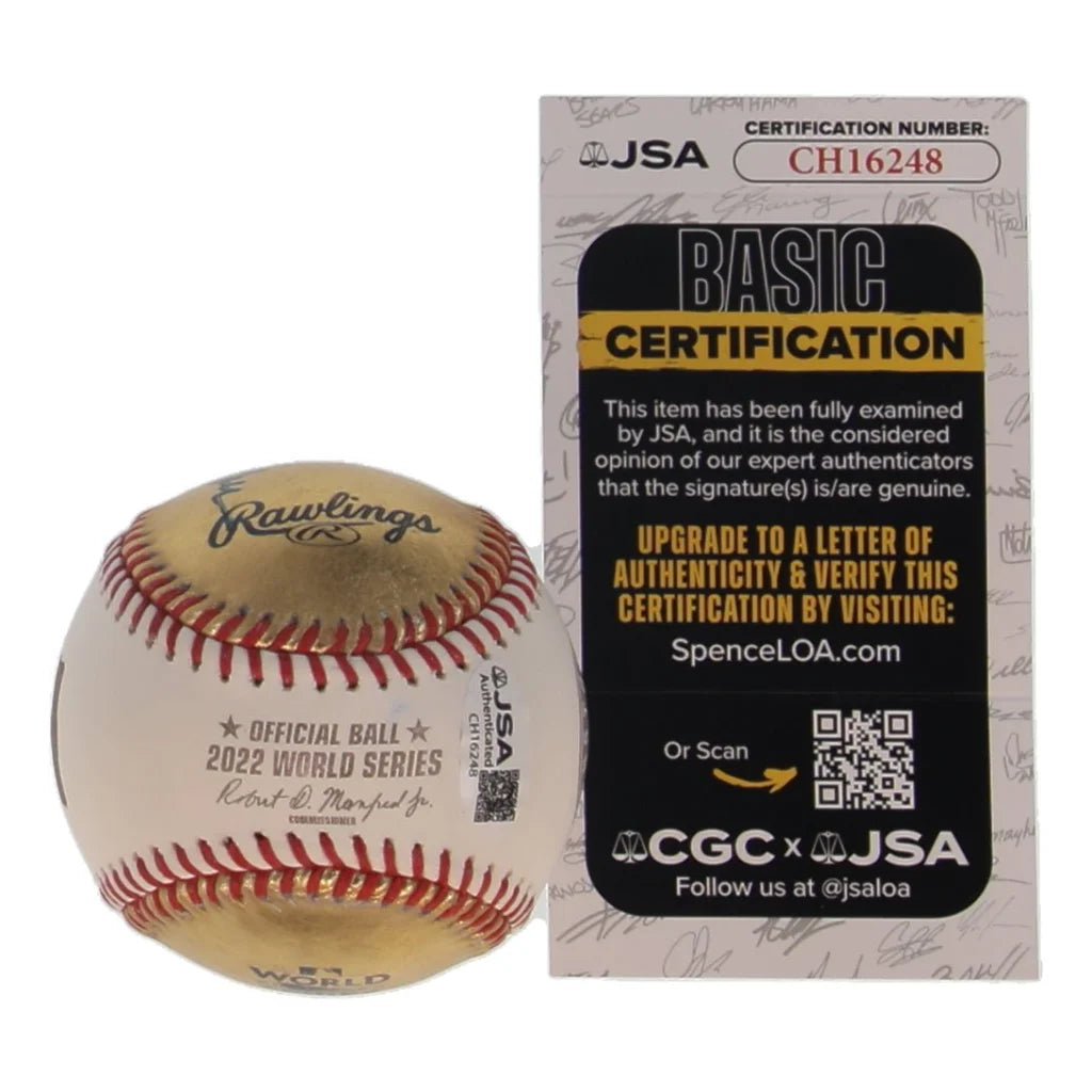 Reggie Jackson signed 2022 World Series gold baseball with Mr October inscription
