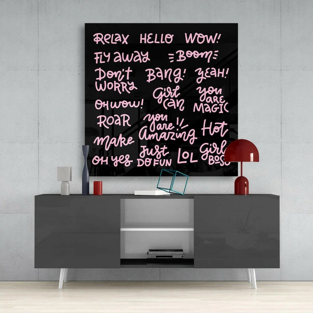Pink neon girl boss glass wall art panel with motivational phrases