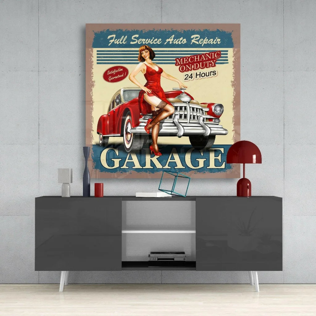 Vintage red car poster with pin-up girl on retro 1950s glass wall art