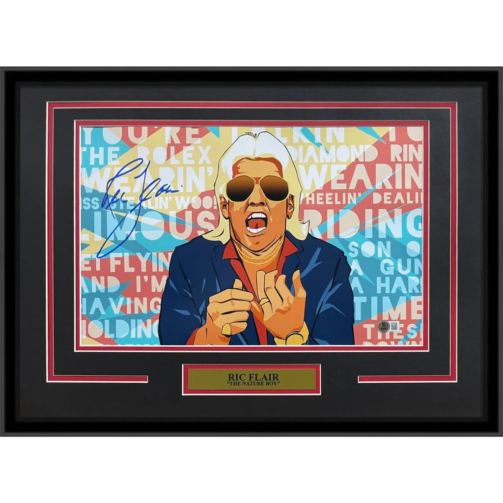 Ric Flair autographed cartoon collage deluxe framed 12x18 photo