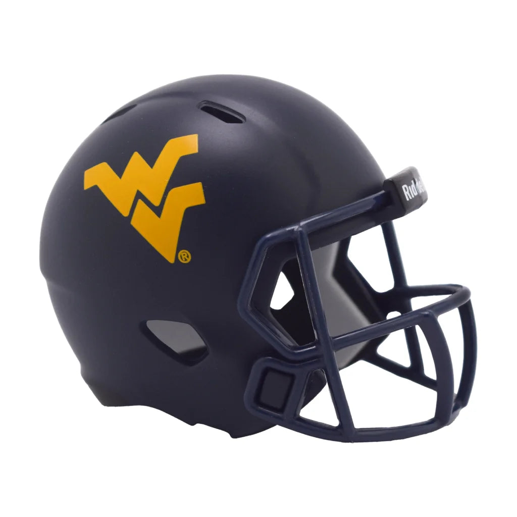Matte black Riddell Speed Pocket Pro mini helmet with WV Mountaineers logo