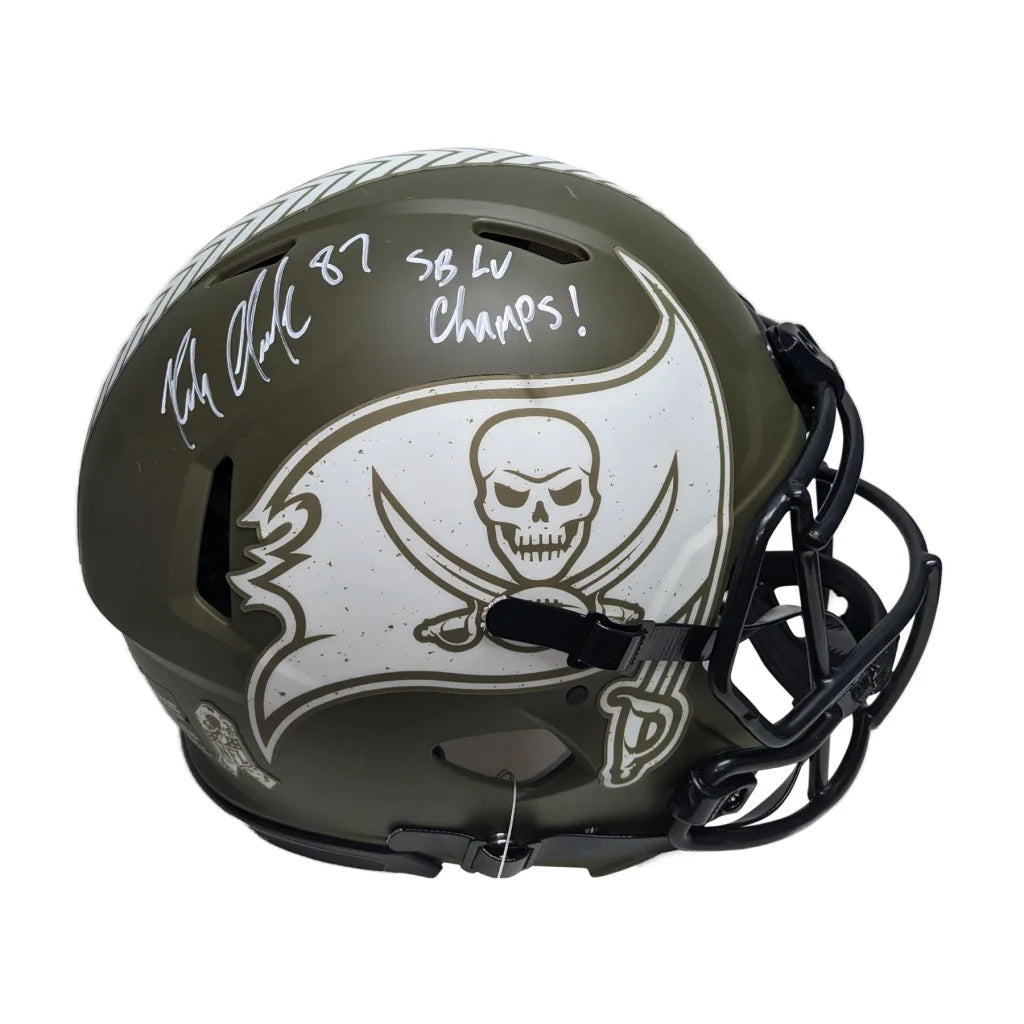 Rob Gronkowski signed New England Pats Salute authentic helmet with black Tampa Bay Buccaneers mini football helmet, silver skull design and SB LV Champs inscription