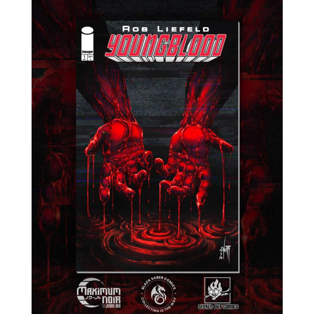 Rob Liefeld’s blood-soaked Youngblood hands dripping red on dark background