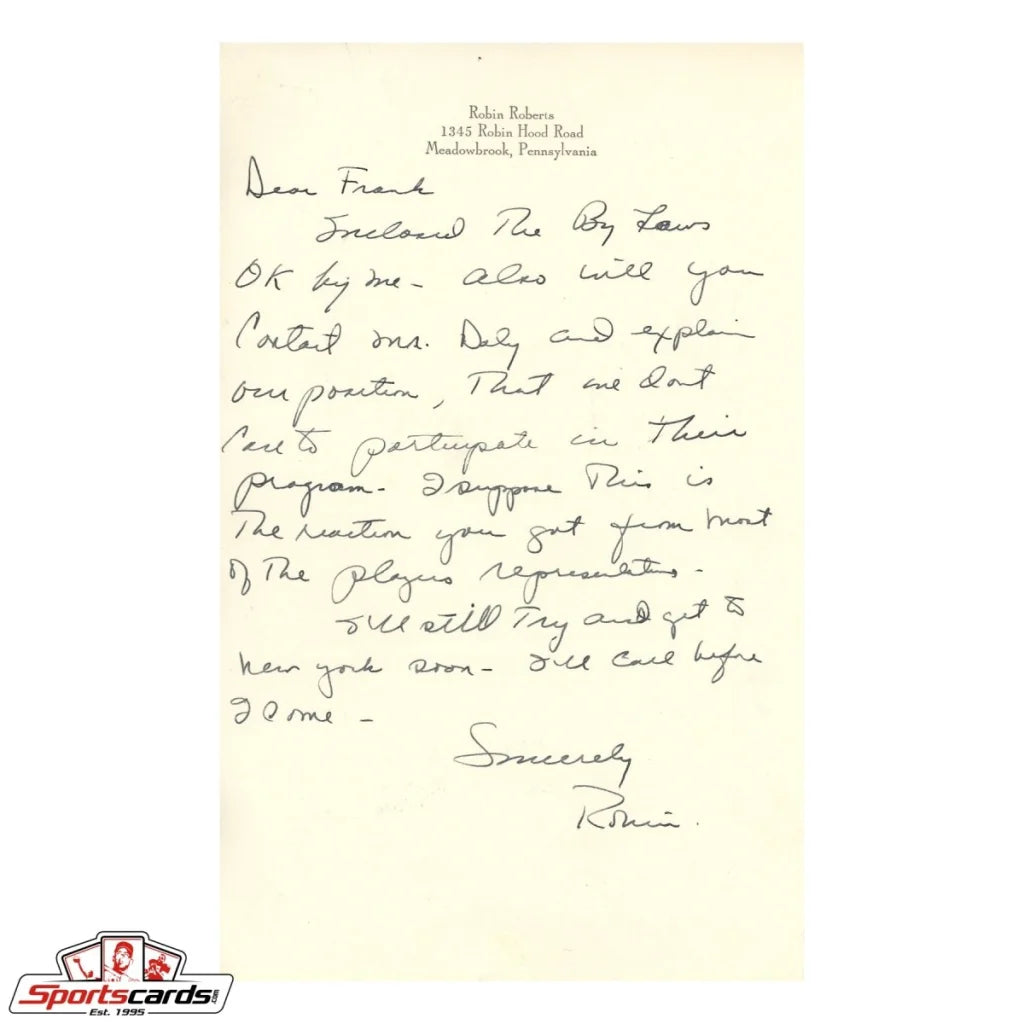 Robin Roberts handwritten letter from Phillies HOFer on cream paper