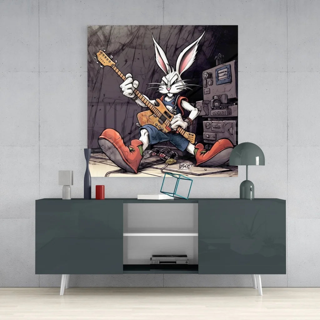 Rocking rabbit tempered glass art panel with guitar-playing bunny