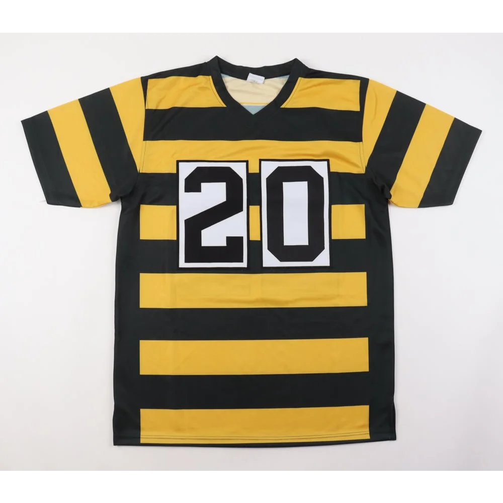 Black and yellow striped v-neck shirt from Rocky Bleier signed jersey collectible