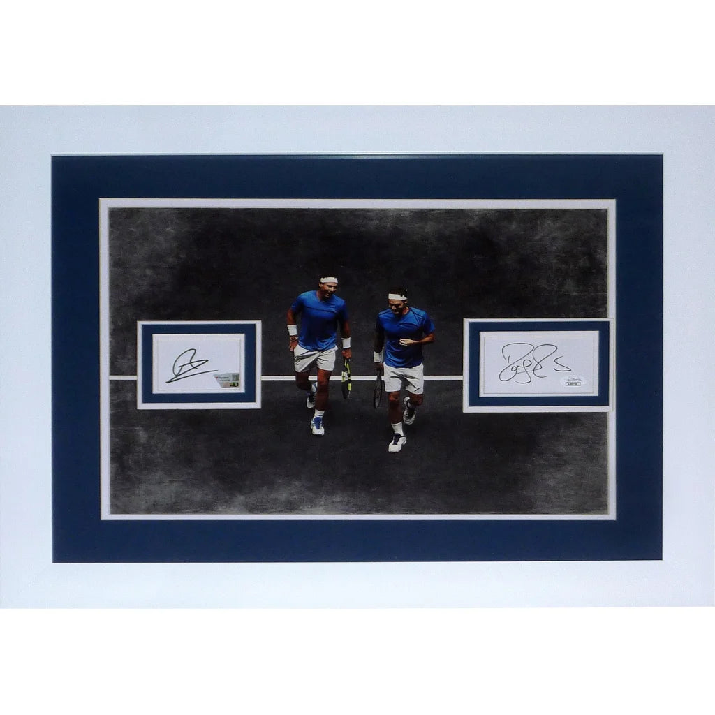 Roger Federer and Rafael Nadal autographed tennis photo with floating matted autographs