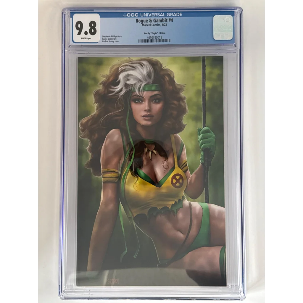 Rogue in yellow green X-Men costume on Rogue & Gambit Blue Label CGC 9.8 variant comic