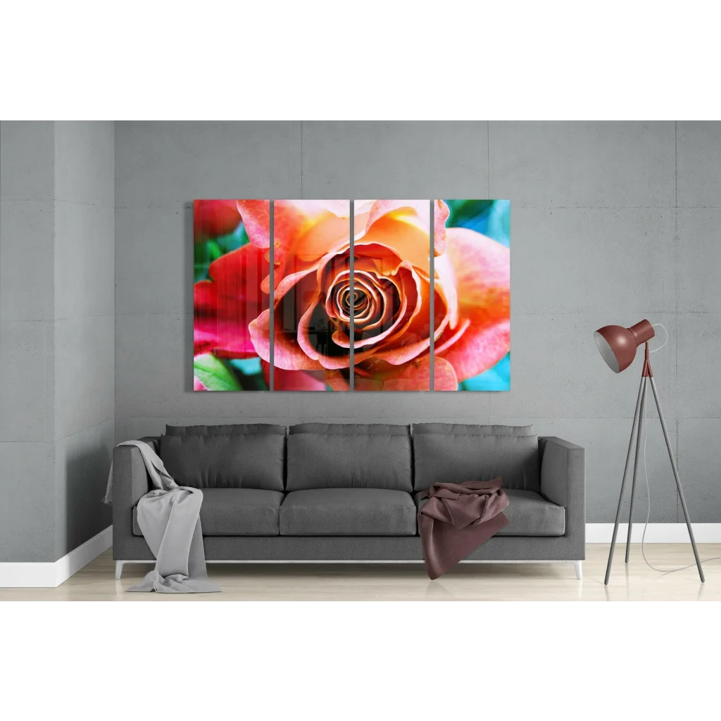 Vibrant orange pink rose glass wall art on teal background