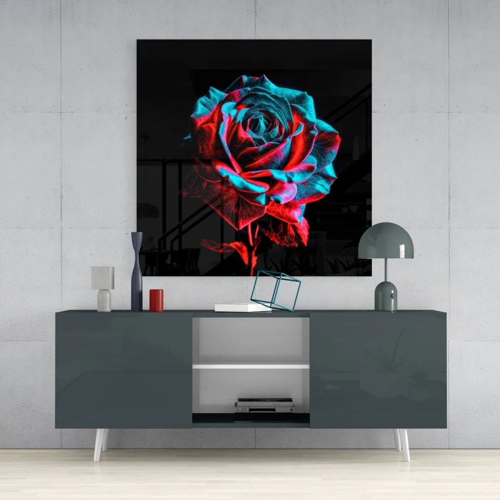 Vibrant red and cyan neon rose on tempered glass art black background