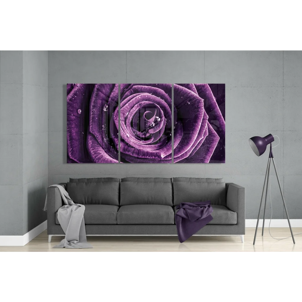 Vibrant purple rose dew drop wall art tri-panel canvas print