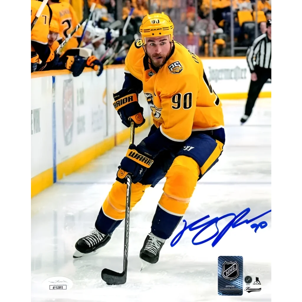Ryan O’Reilly autographed Nashville Predators action 8x10 photo in yellow and blue jersey with 90