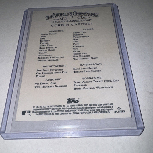 Back of 2023 Topps Allen & Ginter Corbin Carroll rookie card showing statistics, career information, and player details in clear plastic case.