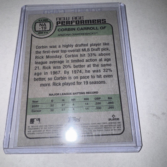 Reverse side of slabbed baseball card showing green and tan text, statistics table, and MLB licensing information under clear plastic case.
