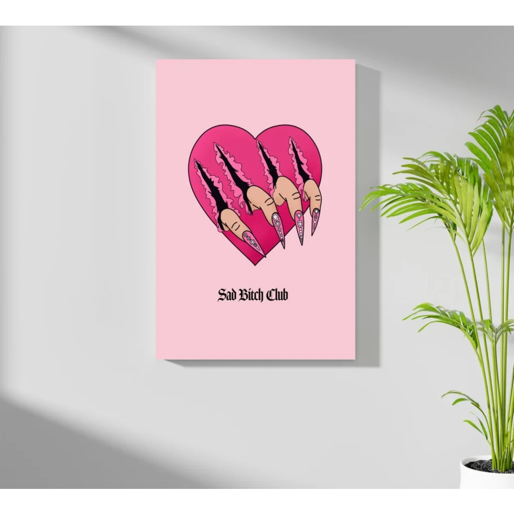 Pink heart canvas with Sad Bitch Club claw nails print