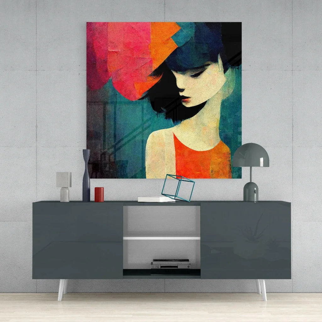 Stunning teal orange abstract woman portrait glass wall art