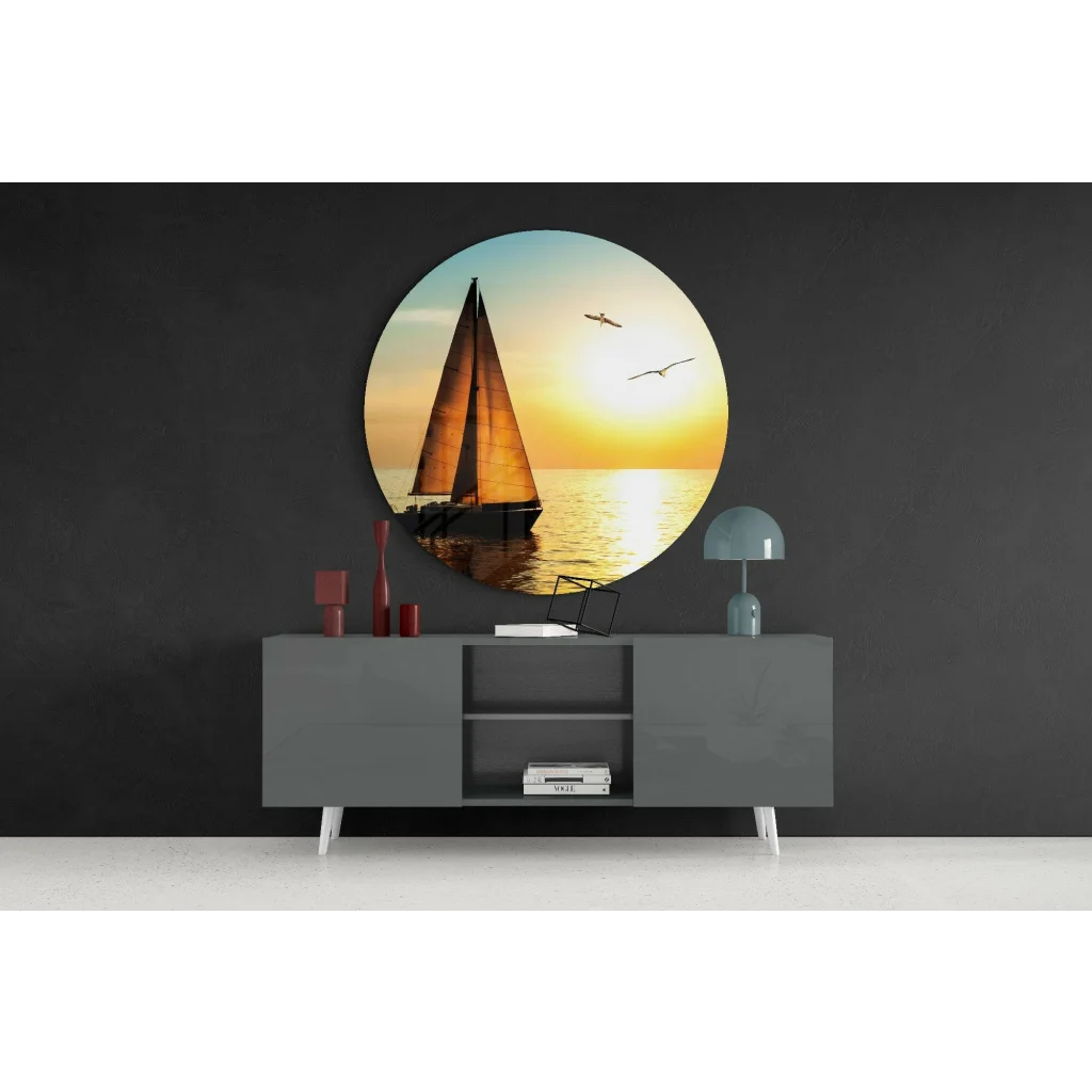 Sunset sailboat tempered glass art on gray wall with size guide