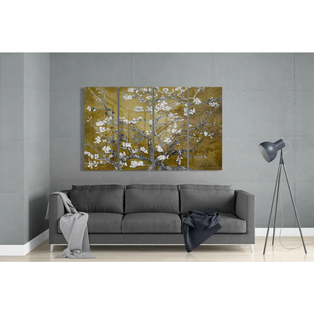 Golden Blossom wall art canvas set with textured branches and white blossoms
