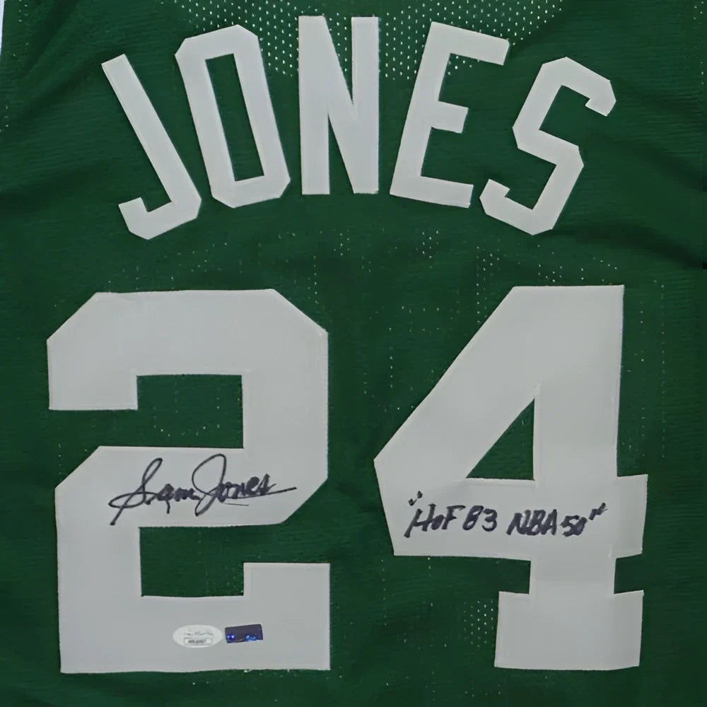 Sam Jones autographed green custom jersey with Jones 24 and HOF inscription