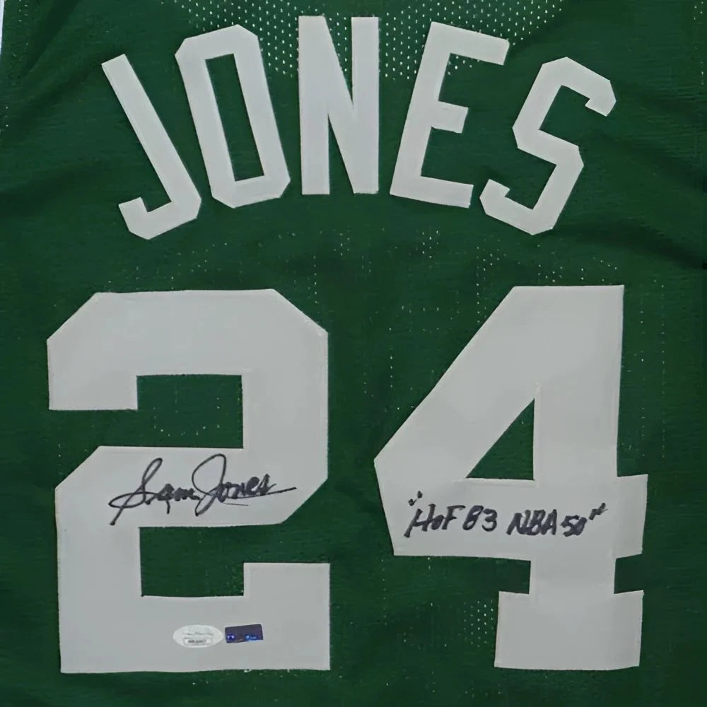 Autographed Sam Jones custom jersey with green design and signature