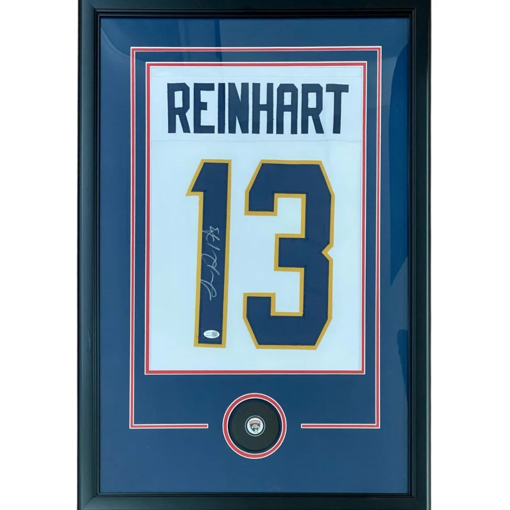 Sam Reinhart autographed Florida Panthers white #13 jersey in display frame