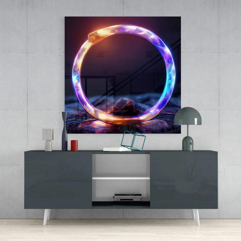 Samsung QLED curved TV glass wall art with neon ring light