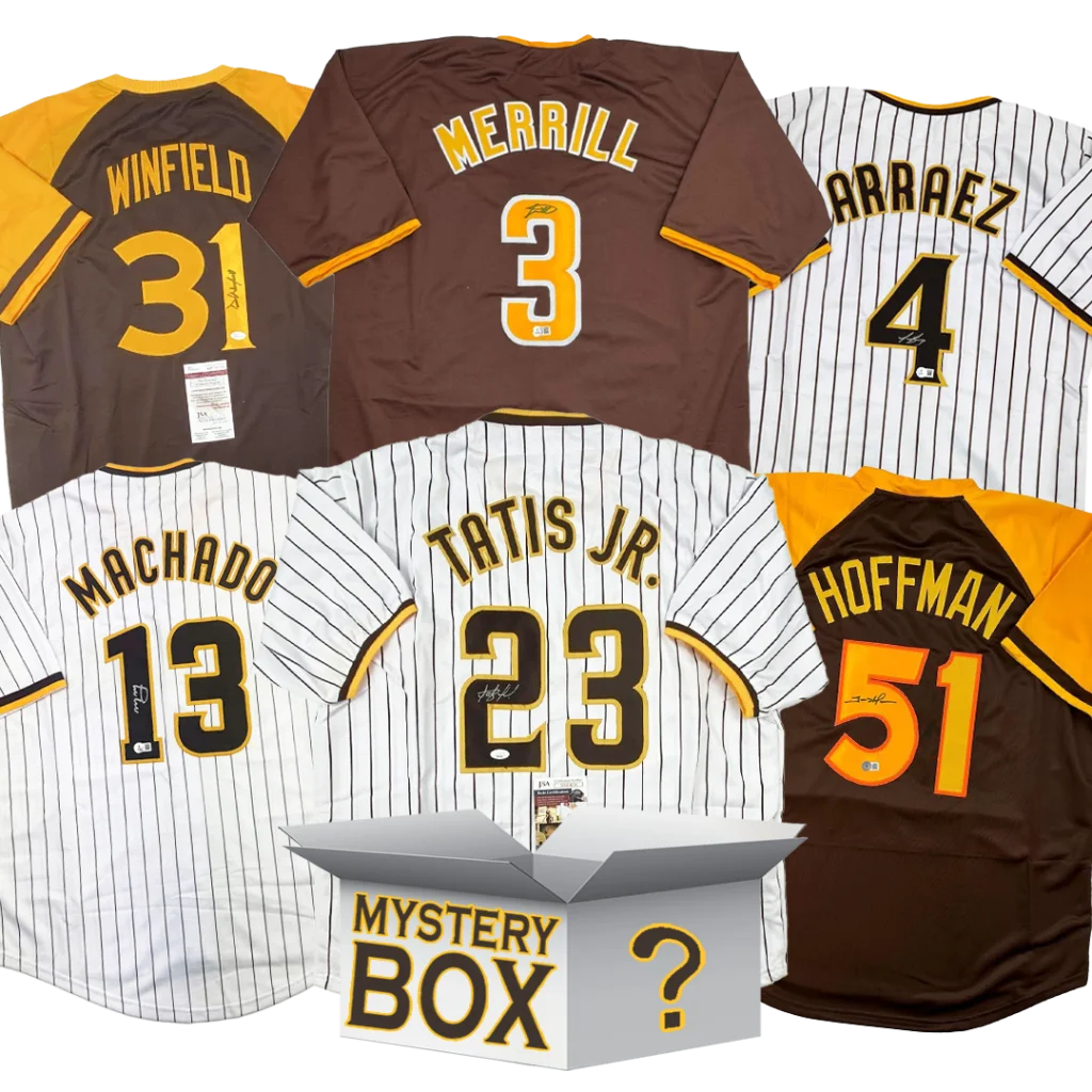 San Diego baseball mystery box with pinstriped jerseys and autographs