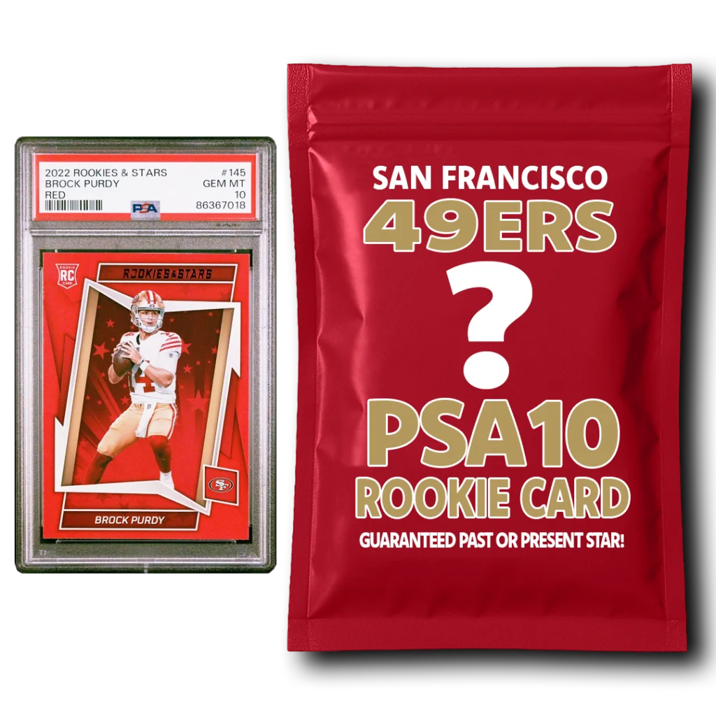 Red mystery pack with PSA 10 Brock Purdy rookie card and San Francisco 49ers memorabilia
