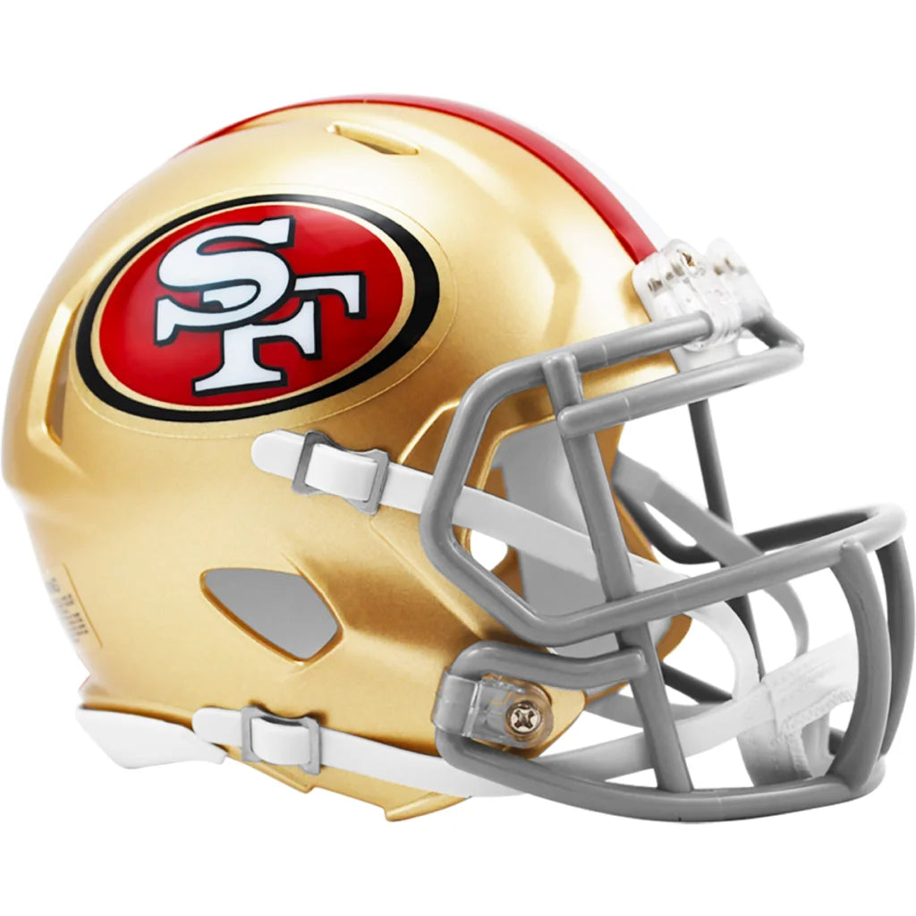 Gold and red San Francisco 49ers Riddell Speed Mini helmet with gray face mask