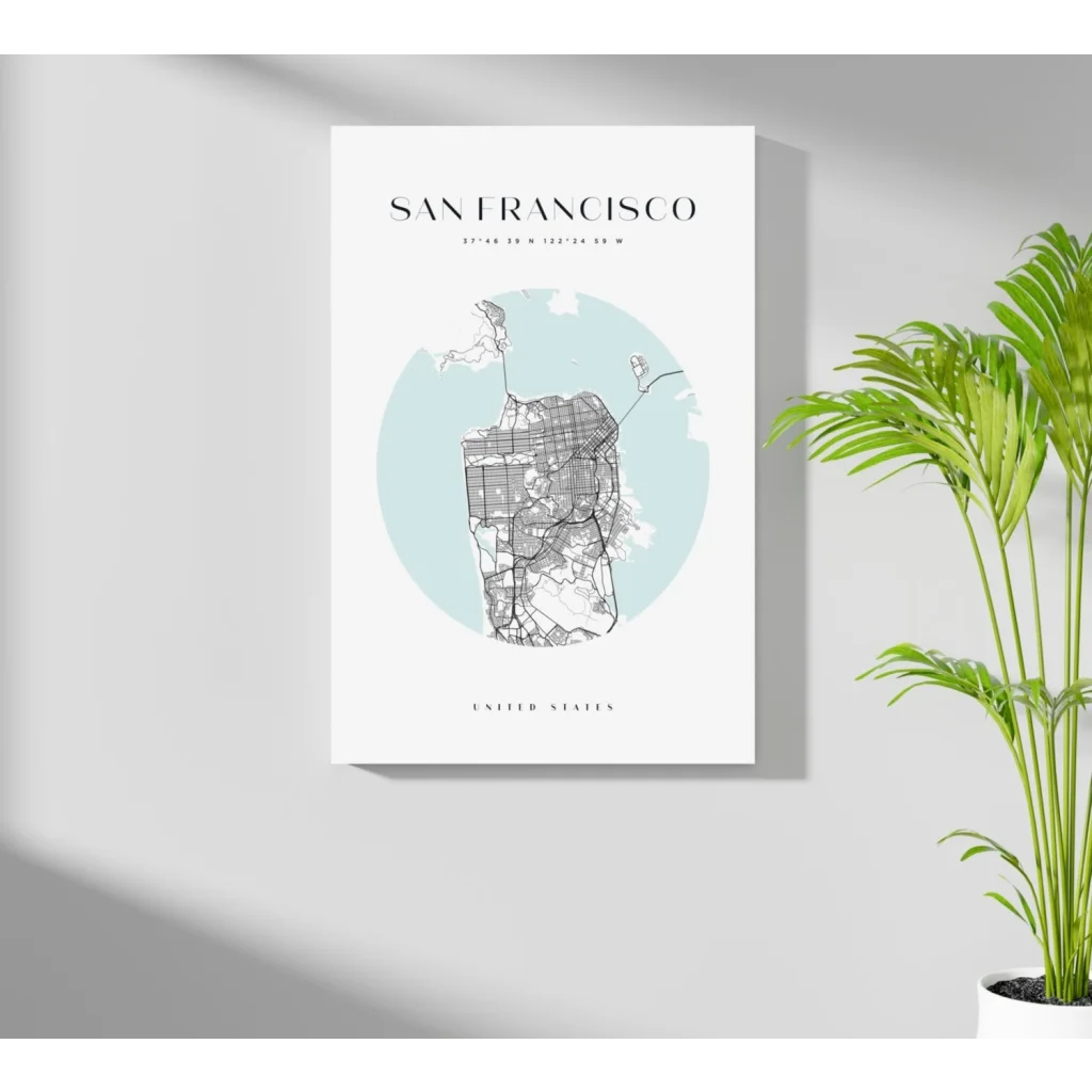 Minimalist San Francisco map on insigne aluminum prints, light blue background