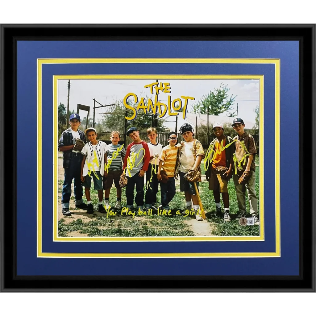 Cast autographed deluxe framed Sandlot movie photo in black frame with gold accents