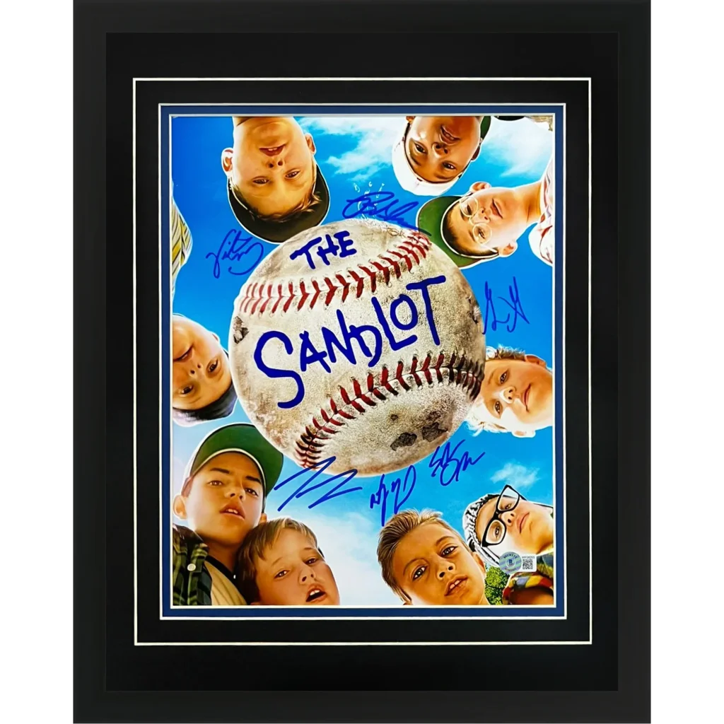 Framed Sandlot movie poster with baseball, text and cast autographs