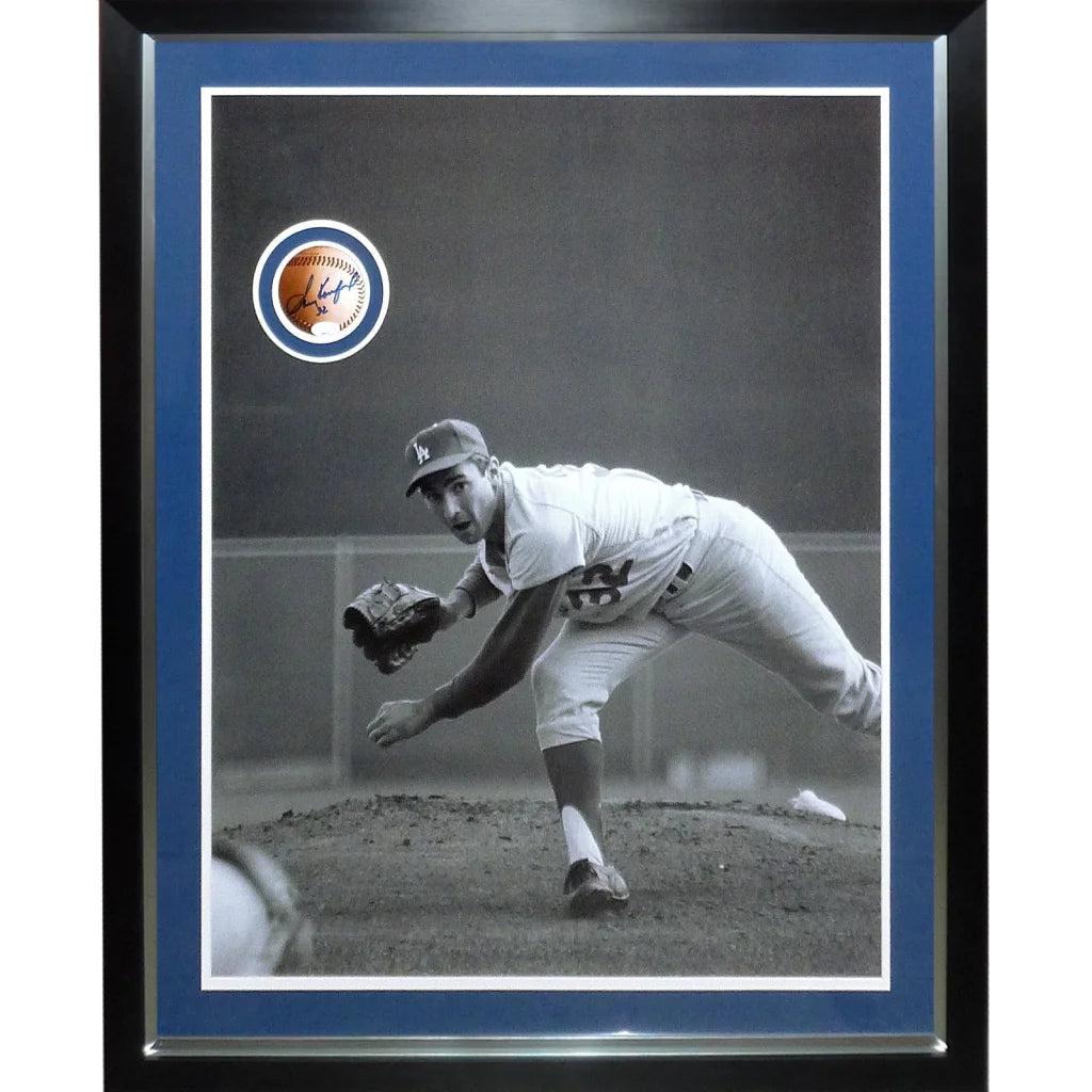 Sandy Koufax artwork poster with black-framed baseball circle autograph