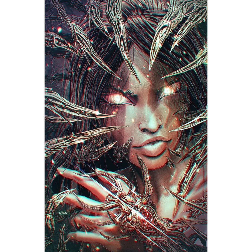 Woman with glowing eyes and metallic adornments from Sara Pezzini Returns reboot