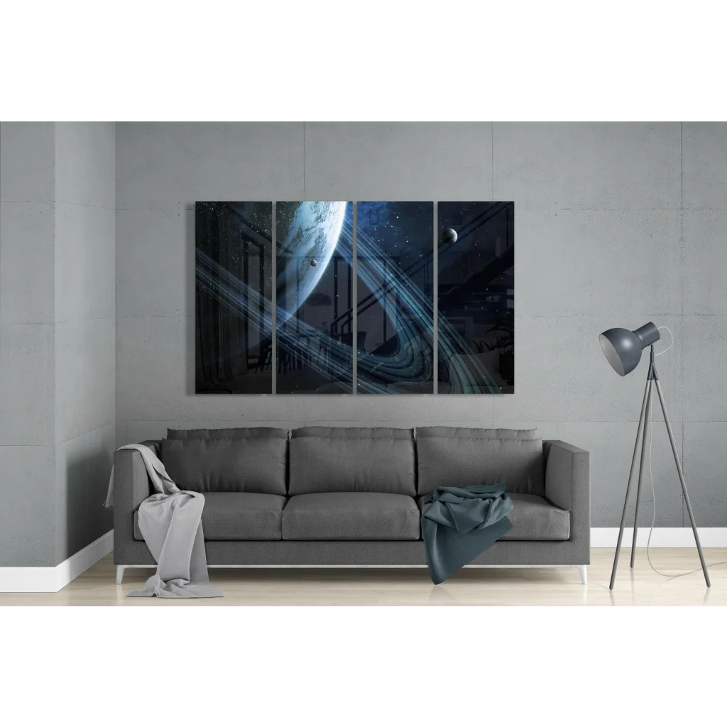 Glowing Blue Planet Glass Wall Art Space Triptych Panels | Modern Wall Art Decor | vintageantiquesgifts.com
