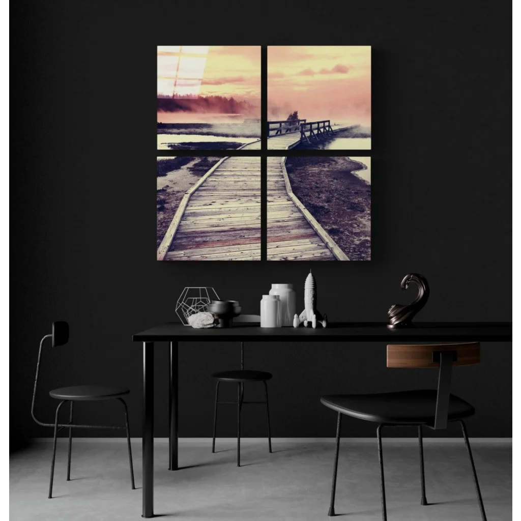 Sunset Boardwalk Glass Wall Art Four Panel Canvas Print | Contemporary Home Wall Art | vintageantiquesgifts.com