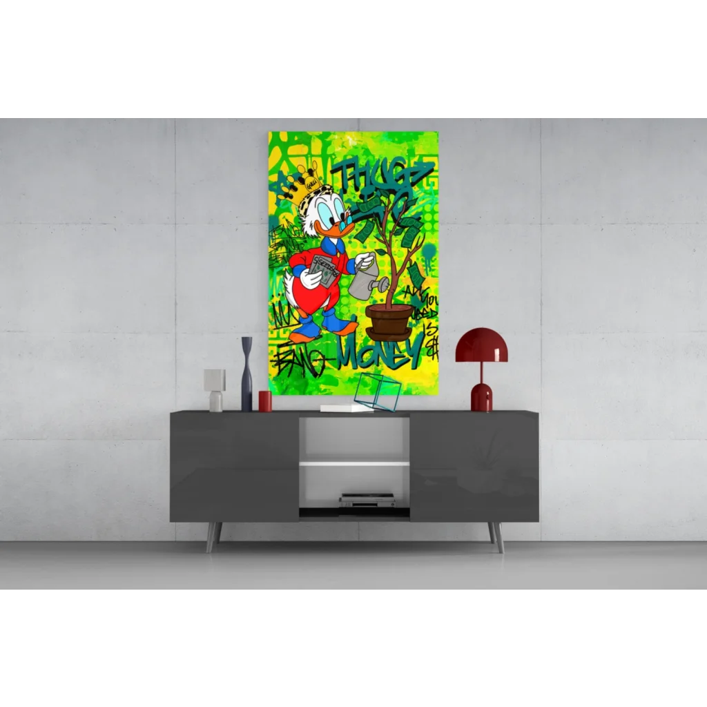 Vibrant Donald Duck graffiti wall art canvas with thug money duck watering plant