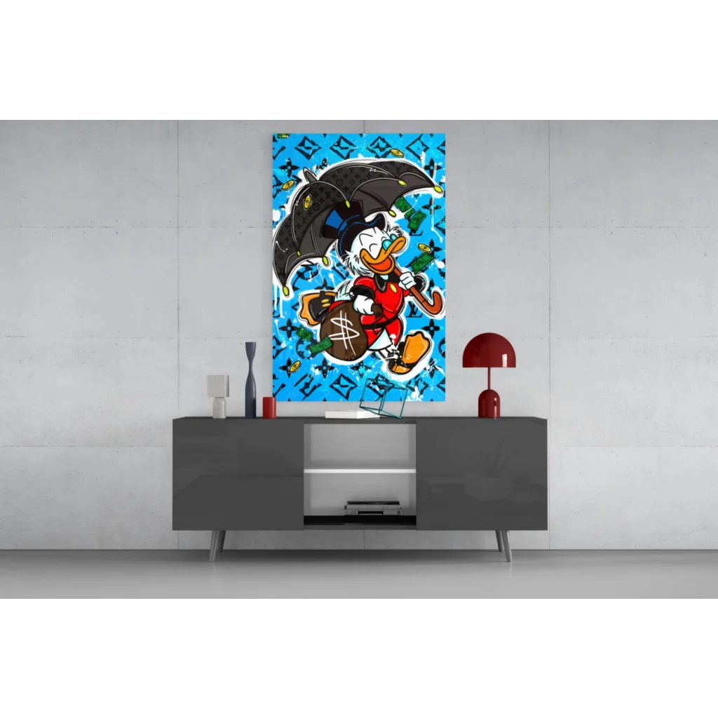 Donald Duck with money bag and umbrella on vibrant blue wall art canvas