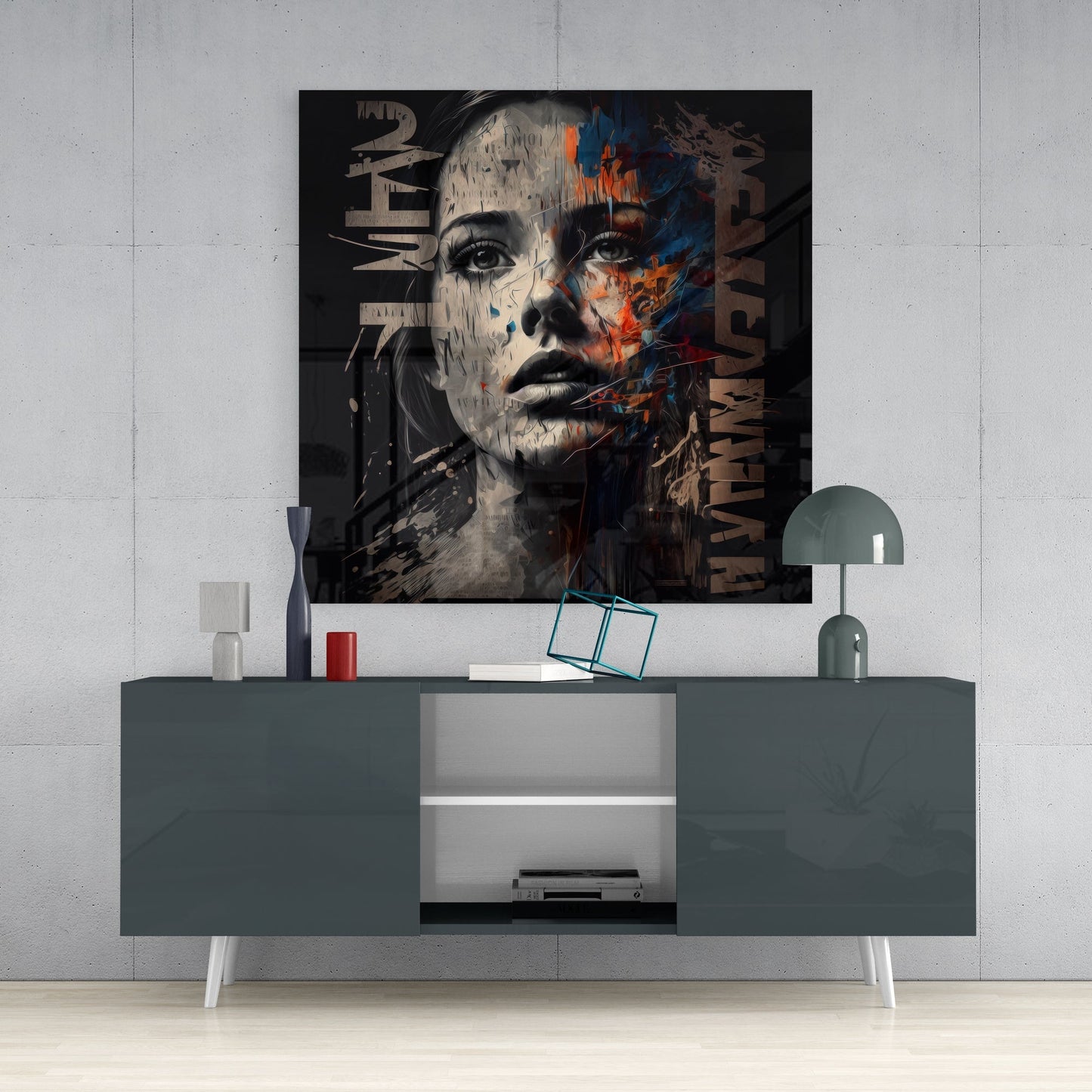 Black Graffiti Letters Woman Face Glass Wall Art