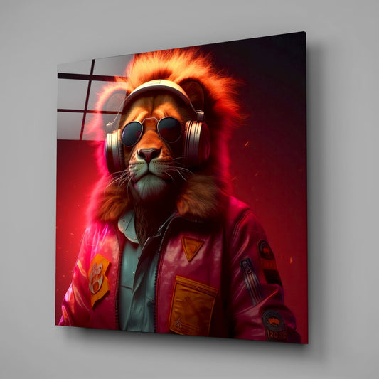 Glass wall art panel displaying an anthropomorphic lion wearing pink jacket, round sunglasses, and headphones against glowing red neon background.