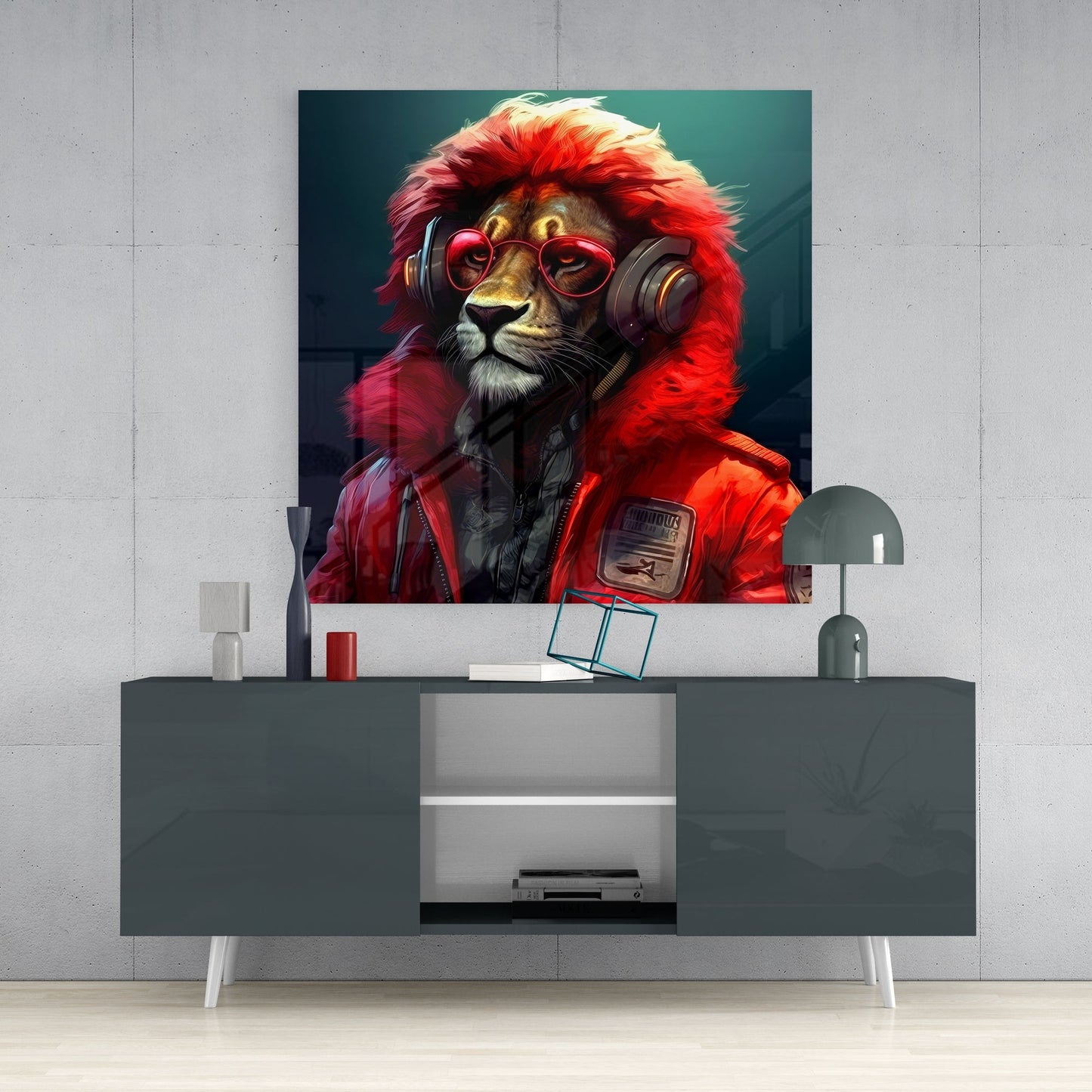 Red Fur Hood Lion Headphones Glass Wall Art