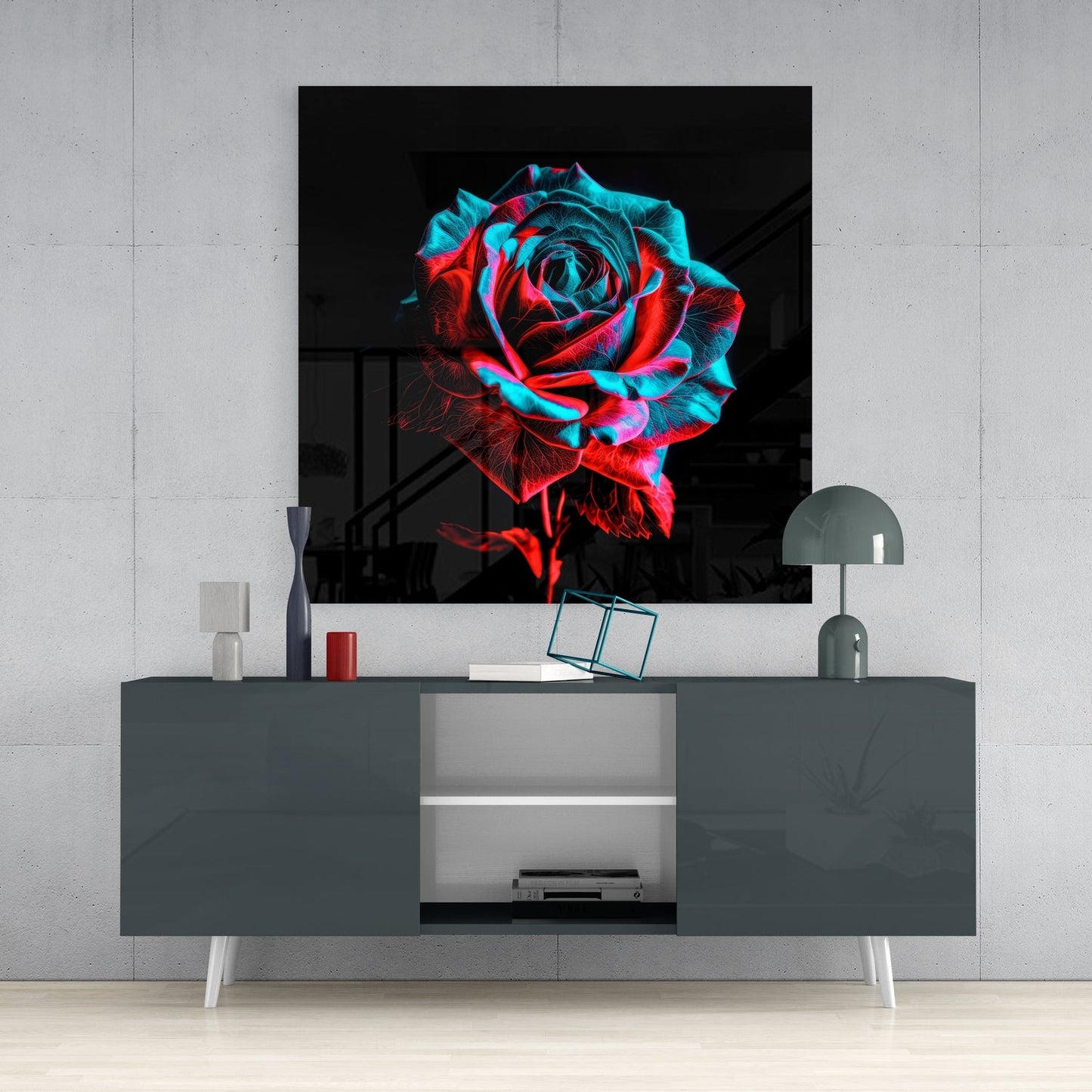 Neon Red Turquoise Rose Glass Wall Art