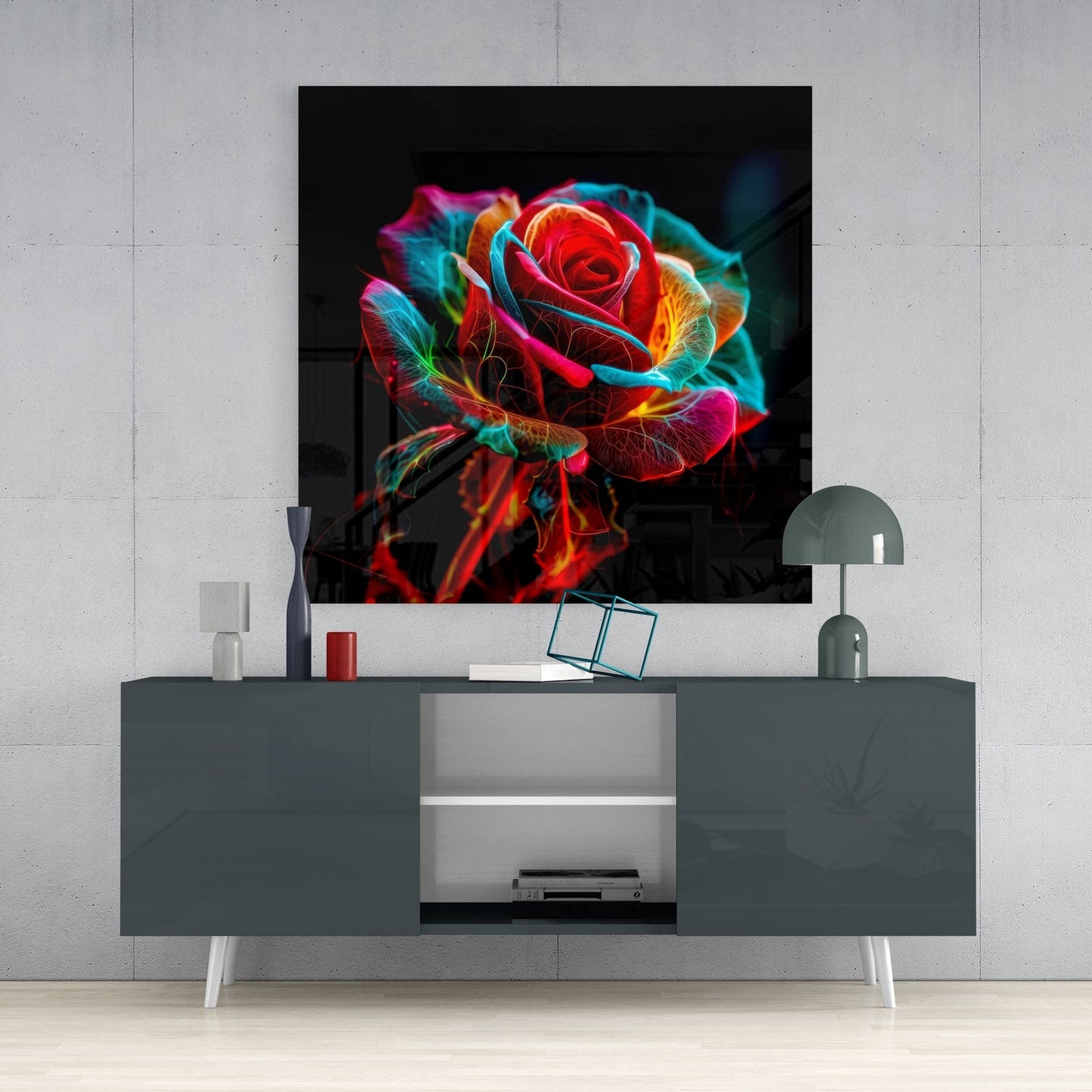 Vibrant Neon Multicolor Rose Glass Wall Art