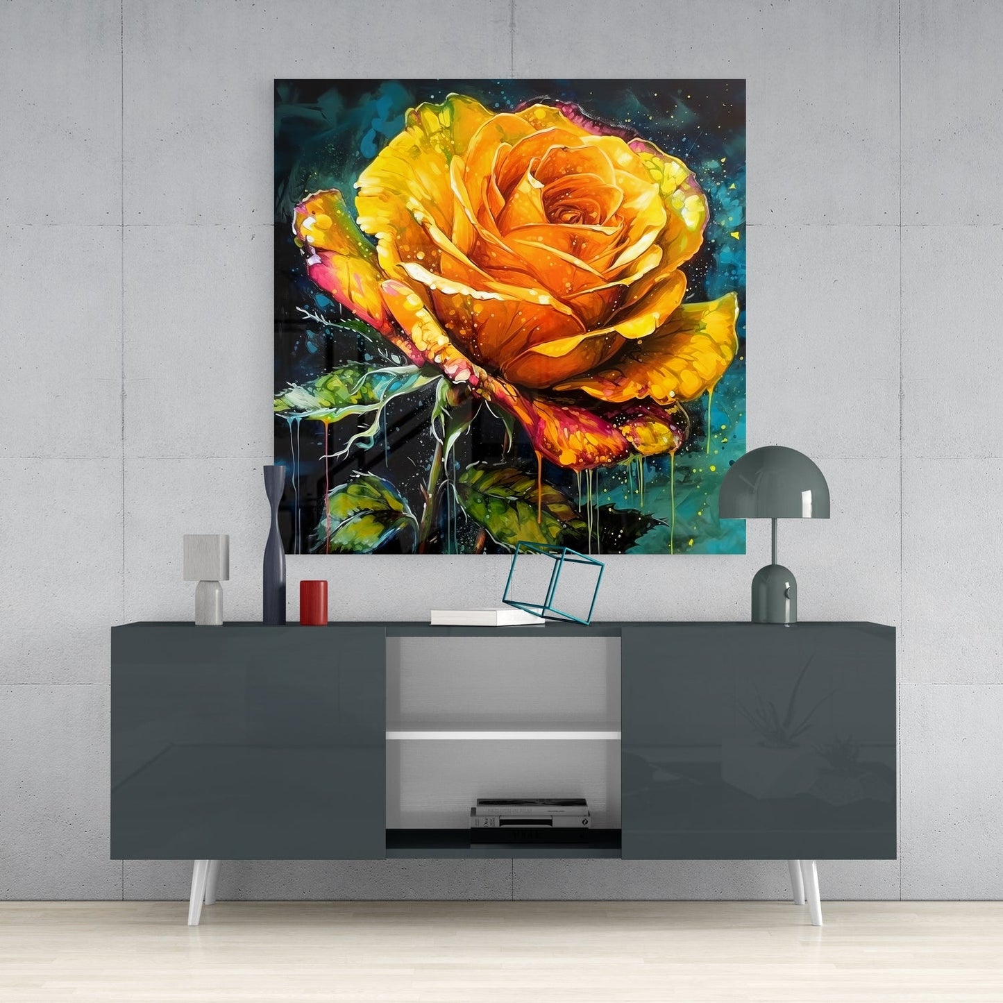 Dripping Gold Rose Painting Glass Wall Art